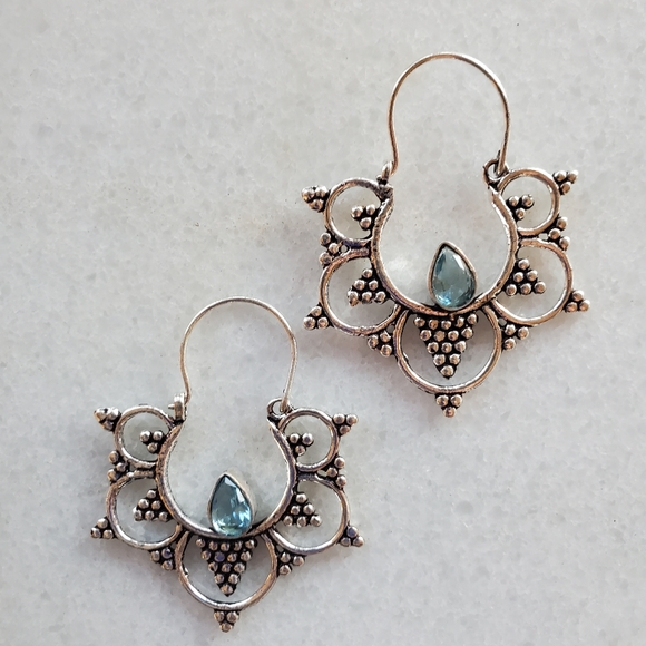 New Round Boho Gypsy Style Blue Quartz Silver Earrings. - Picture 5 of 10